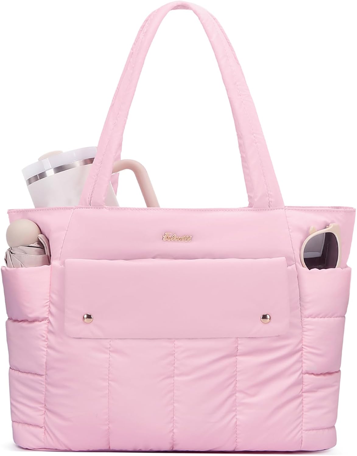 Puffer Tote Bag for Women with Laptop Compartment & Luggage Strap