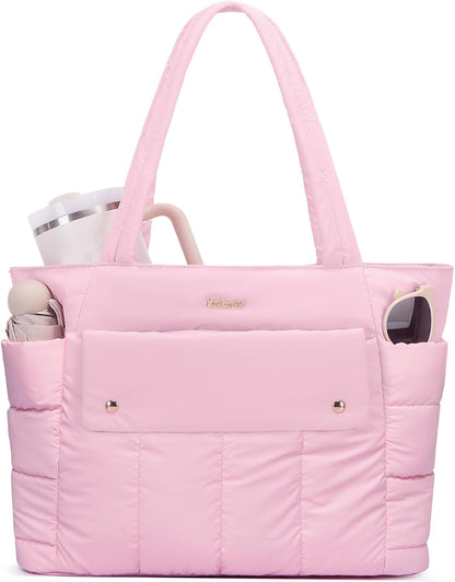 Puffer Tote Bag for Women with Laptop Compartment & Luggage Strap