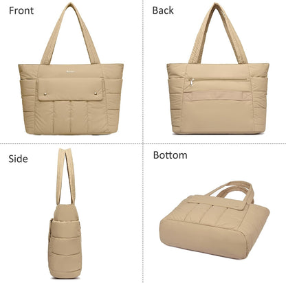 Puffer Tote Bag for Women with Laptop Compartment & Luggage Strap