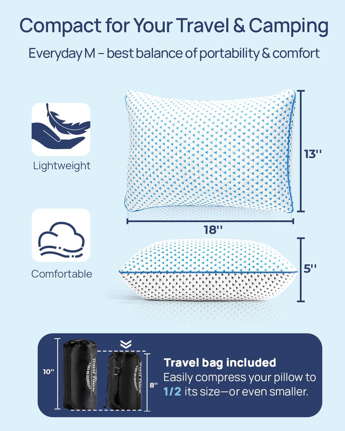 Adjustable Small Cooling Memory Foam Pillow for Travel, Camping & Airplane