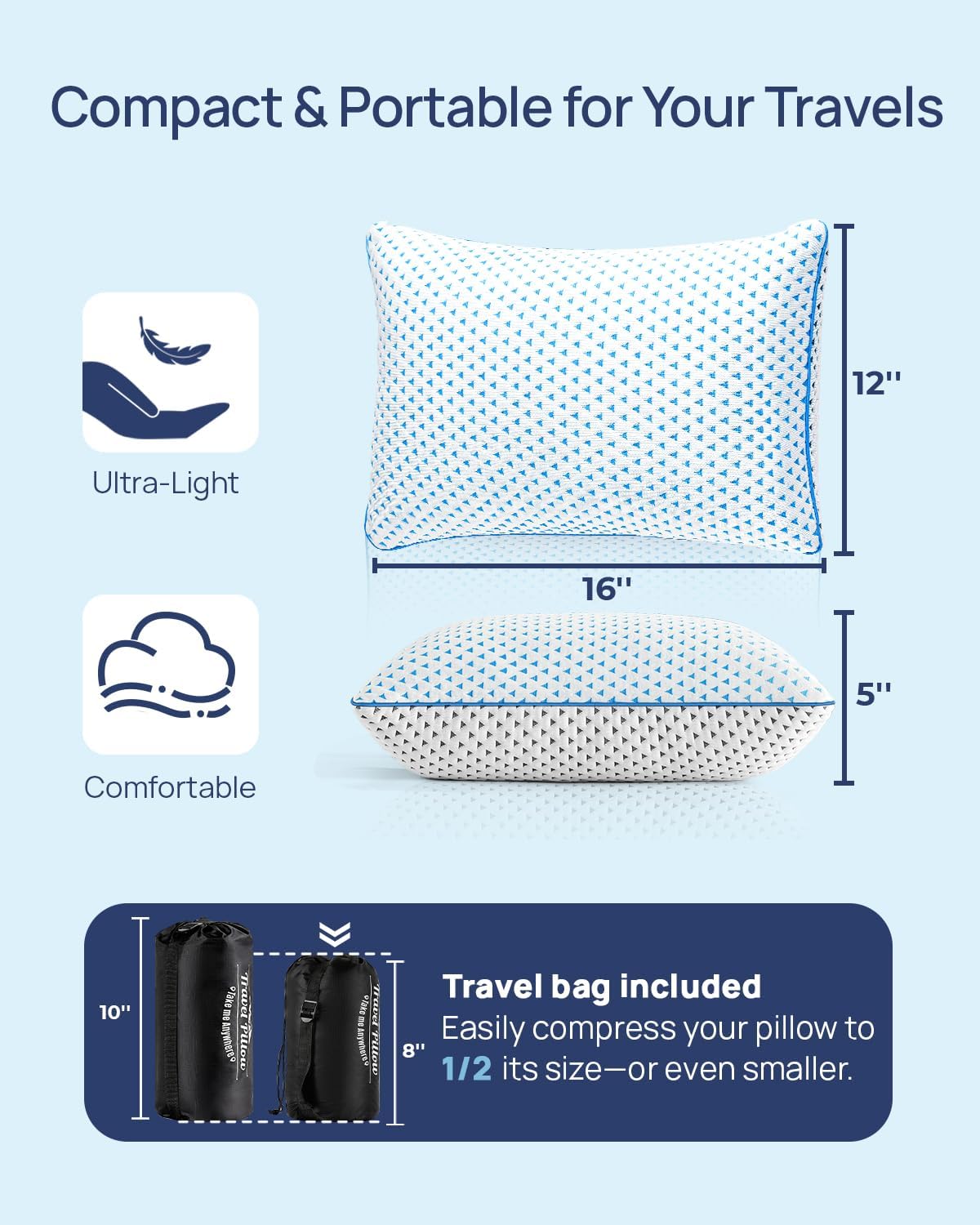 Adjustable Small Cooling Memory Foam Pillow for Travel, Camping & Airplane