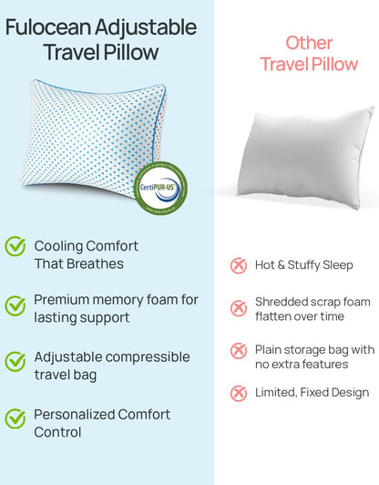 Adjustable Small Cooling Memory Foam Pillow for Travel, Camping & Airplane