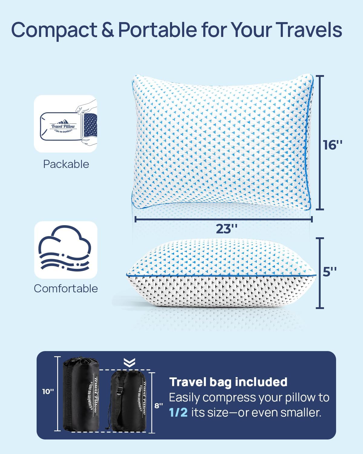 Adjustable Small Cooling Memory Foam Pillow for Travel, Camping & Airplane