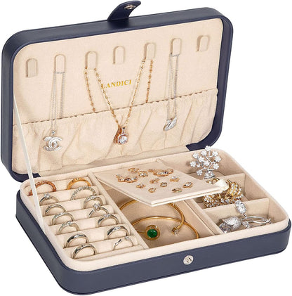 Small Jewelry Box for Women Girls, PU Leather Travel Jewelry Case, Portable Jewelry Organizer Storage Holder Display for Ring Earrings Necklace Brooch Men Kids Gift, Dark Blue
