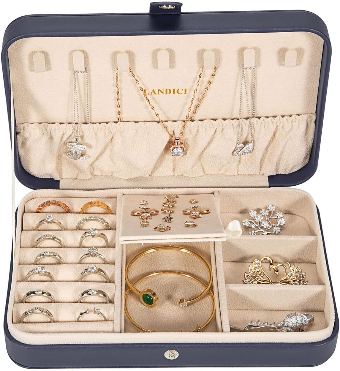 Small Jewelry Box for Women Girls, PU Leather Travel Jewelry Case, Portable Jewelry Organizer Storage Holder Display for Ring Earrings Necklace Brooch Men Kids Gift, Dark Blue