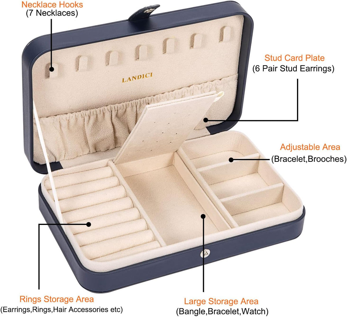 Small Jewelry Box for Women Girls, PU Leather Travel Jewelry Case, Portable Jewelry Organizer Storage Holder Display for Ring Earrings Necklace Brooch Men Kids Gift, Dark Blue