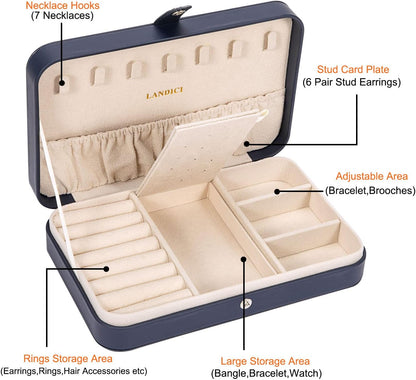 Small Jewelry Box for Women Girls, PU Leather Travel Jewelry Case, Portable Jewelry Organizer Storage Holder Display for Ring Earrings Necklace Brooch Men Kids Gift, Dark Blue
