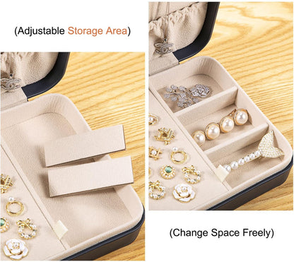 Small Jewelry Box for Women Girls, PU Leather Travel Jewelry Case, Portable Jewelry Organizer Storage Holder Display for Ring Earrings Necklace Brooch Men Kids Gift, Dark Blue