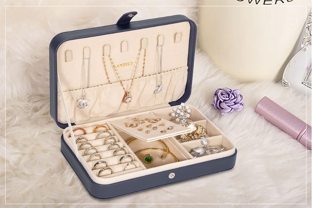 Small Jewelry Box for Women Girls, PU Leather Travel Jewelry Case, Portable Jewelry Organizer Storage Holder Display for Ring Earrings Necklace Brooch Men Kids Gift, Dark Blue