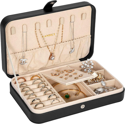 Small Jewelry Box for Women Girls, PU Leather Travel Jewelry Case, Portable Jewelry Organizer Storage Holder Display for Ring Earrings Necklace Brooch Men Kids Gift, Dark Blue