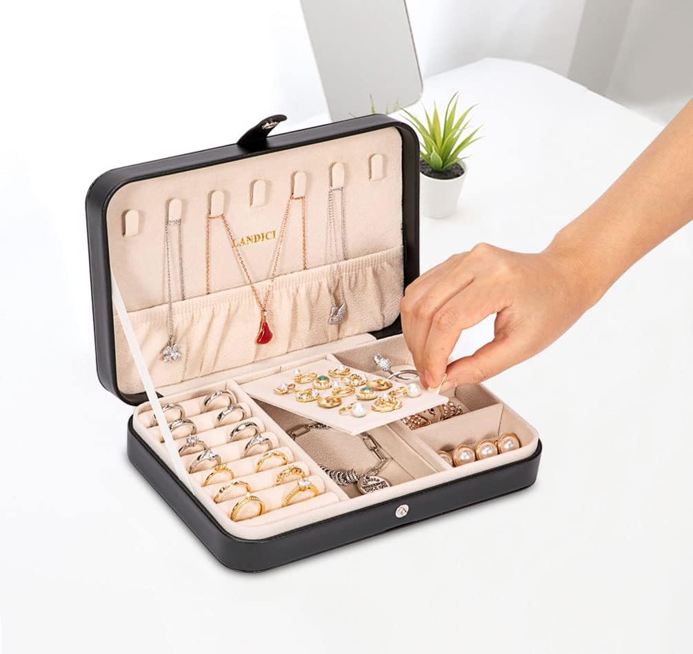 Small Jewelry Box for Women Girls, PU Leather Travel Jewelry Case, Portable Jewelry Organizer Storage Holder Display for Ring Earrings Necklace Brooch Men Kids Gift, Dark Blue