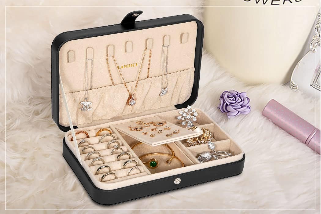Small Jewelry Box for Women Girls, PU Leather Travel Jewelry Case, Portable Jewelry Organizer Storage Holder Display for Ring Earrings Necklace Brooch Men Kids Gift, Dark Blue