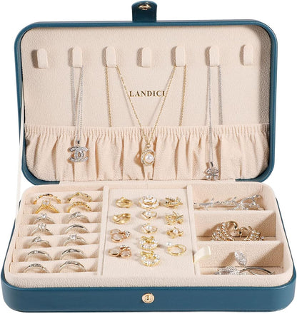 Small Jewelry Box for Women Girls, PU Leather Travel Jewelry Case, Portable Jewelry Organizer Storage Holder Display for Ring Earrings Necklace Brooch Men Kids Gift, Dark Blue