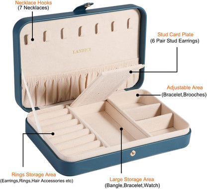 Small Jewelry Box for Women Girls, PU Leather Travel Jewelry Case, Portable Jewelry Organizer Storage Holder Display for Ring Earrings Necklace Brooch Men Kids Gift, Dark Blue