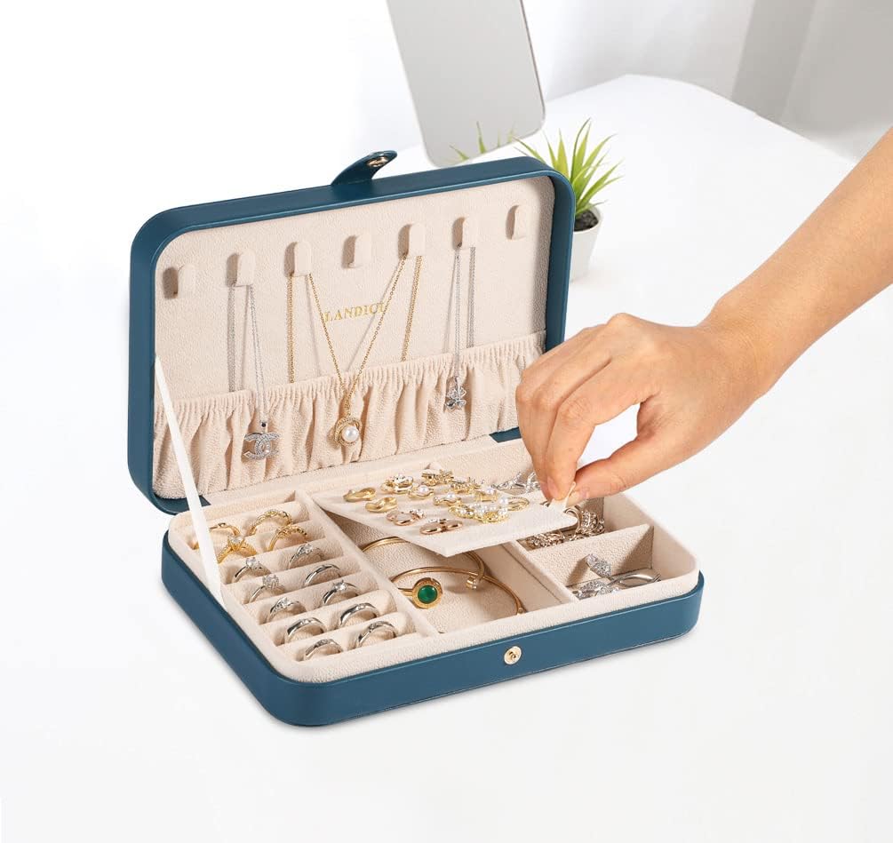 Small Jewelry Box for Women Girls, PU Leather Travel Jewelry Case, Portable Jewelry Organizer Storage Holder Display for Ring Earrings Necklace Brooch Men Kids Gift, Dark Blue