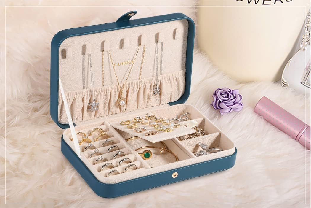 Small Jewelry Box for Women Girls, PU Leather Travel Jewelry Case, Portable Jewelry Organizer Storage Holder Display for Ring Earrings Necklace Brooch Men Kids Gift, Dark Blue