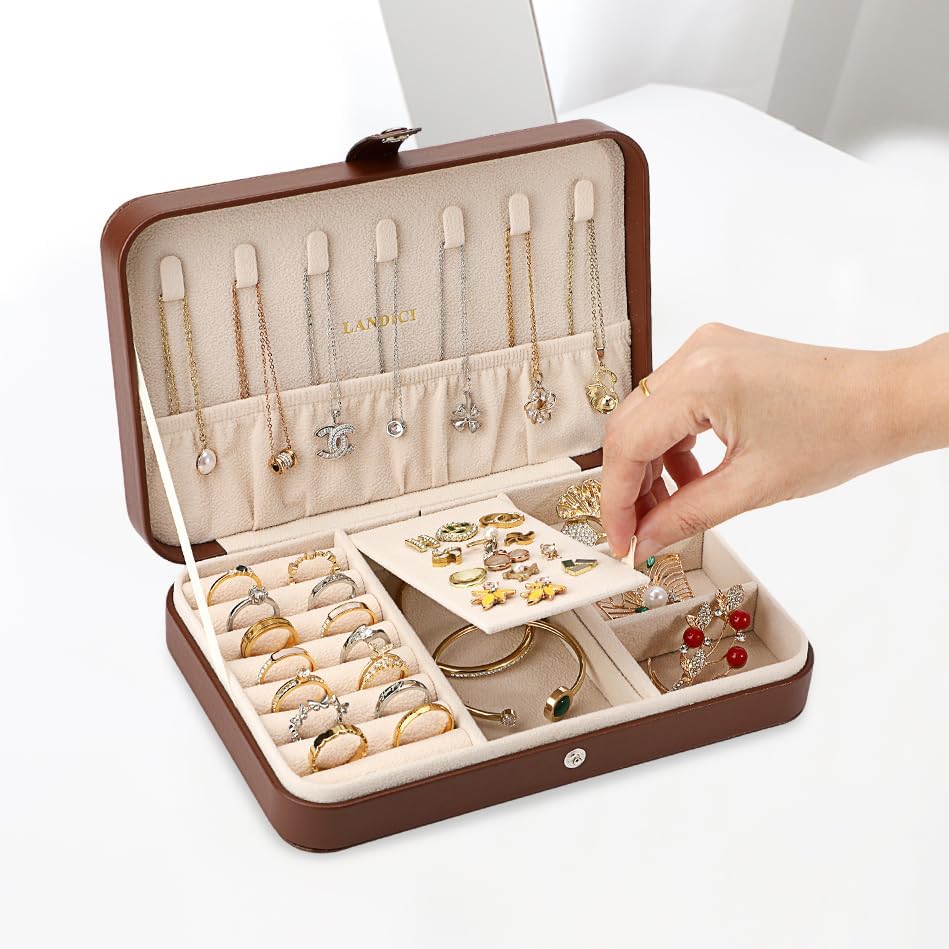 Small Jewelry Box for Women Girls, PU Leather Travel Jewelry Case, Portable Jewelry Organizer Storage Holder Display for Ring Earrings Necklace Brooch Men Kids Gift, Dark Blue