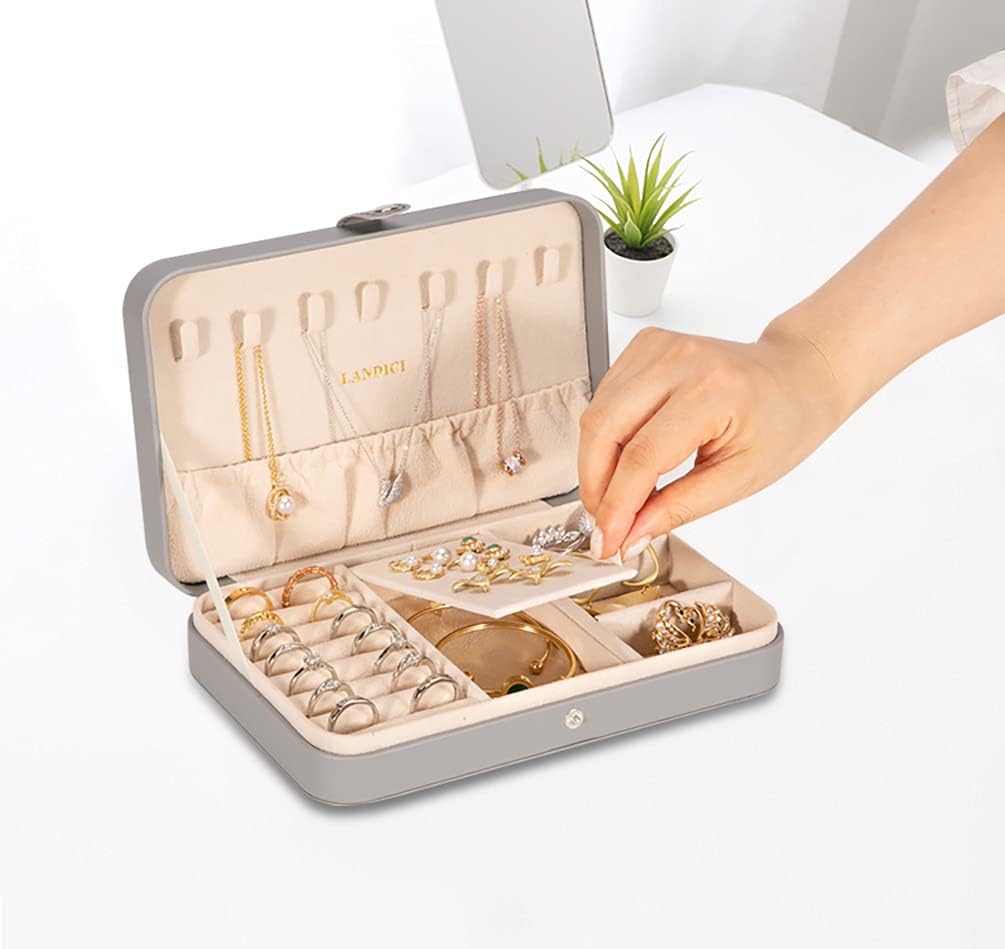 Small Jewelry Box for Women Girls, PU Leather Travel Jewelry Case, Portable Jewelry Organizer Storage Holder Display for Ring Earrings Necklace Brooch Men Kids Gift, Dark Blue