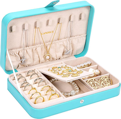 Small Jewelry Box for Women Girls, PU Leather Travel Jewelry Case, Portable Jewelry Organizer Storage Holder Display for Ring Earrings Necklace Brooch Men Kids Gift, Dark Blue