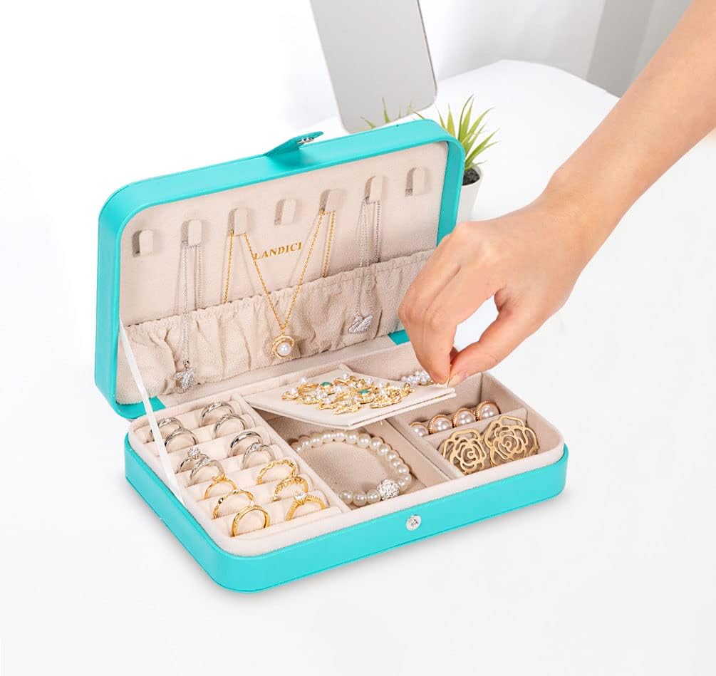 Small Jewelry Box for Women Girls, PU Leather Travel Jewelry Case, Portable Jewelry Organizer Storage Holder Display for Ring Earrings Necklace Brooch Men Kids Gift, Dark Blue