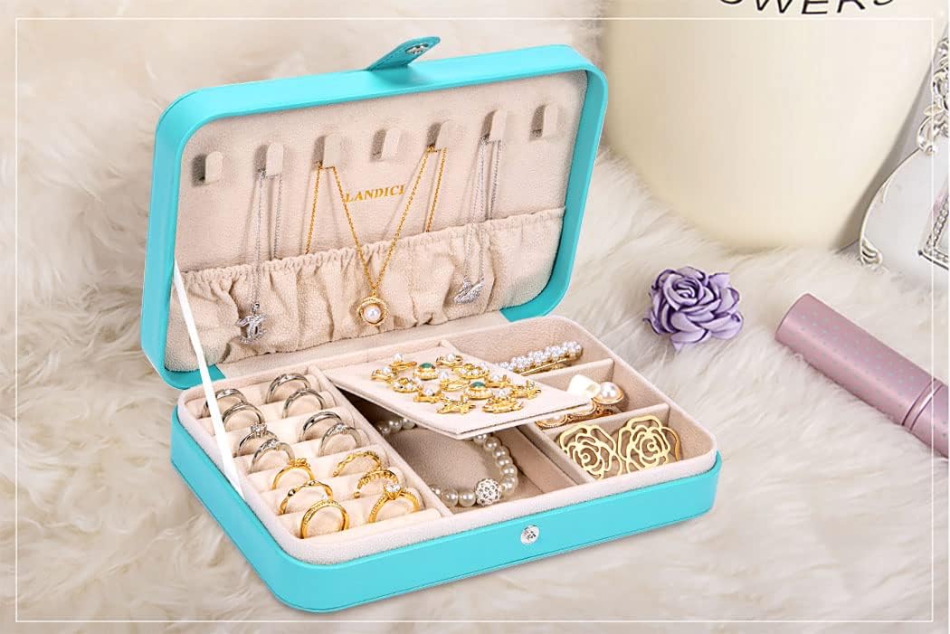 Small Jewelry Box for Women Girls, PU Leather Travel Jewelry Case, Portable Jewelry Organizer Storage Holder Display for Ring Earrings Necklace Brooch Men Kids Gift, Dark Blue