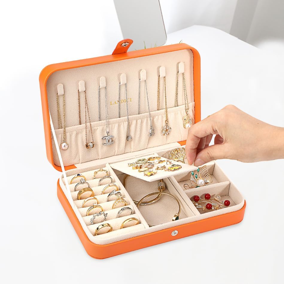 Small Jewelry Box for Women Girls, PU Leather Travel Jewelry Case, Portable Jewelry Organizer Storage Holder Display for Ring Earrings Necklace Brooch Men Kids Gift, Dark Blue