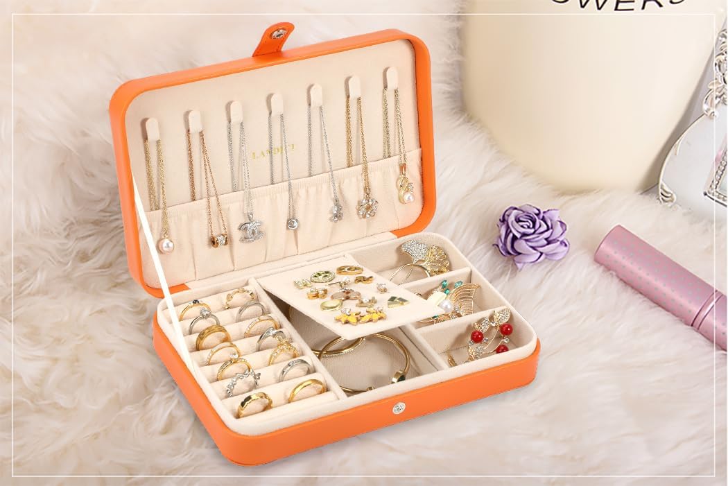 Small Jewelry Box for Women Girls, PU Leather Travel Jewelry Case, Portable Jewelry Organizer Storage Holder Display for Ring Earrings Necklace Brooch Men Kids Gift, Dark Blue