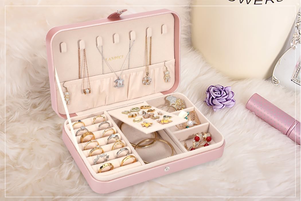Small Jewelry Box for Women Girls, PU Leather Travel Jewelry Case, Portable Jewelry Organizer Storage Holder Display for Ring Earrings Necklace Brooch Men Kids Gift, Dark Blue