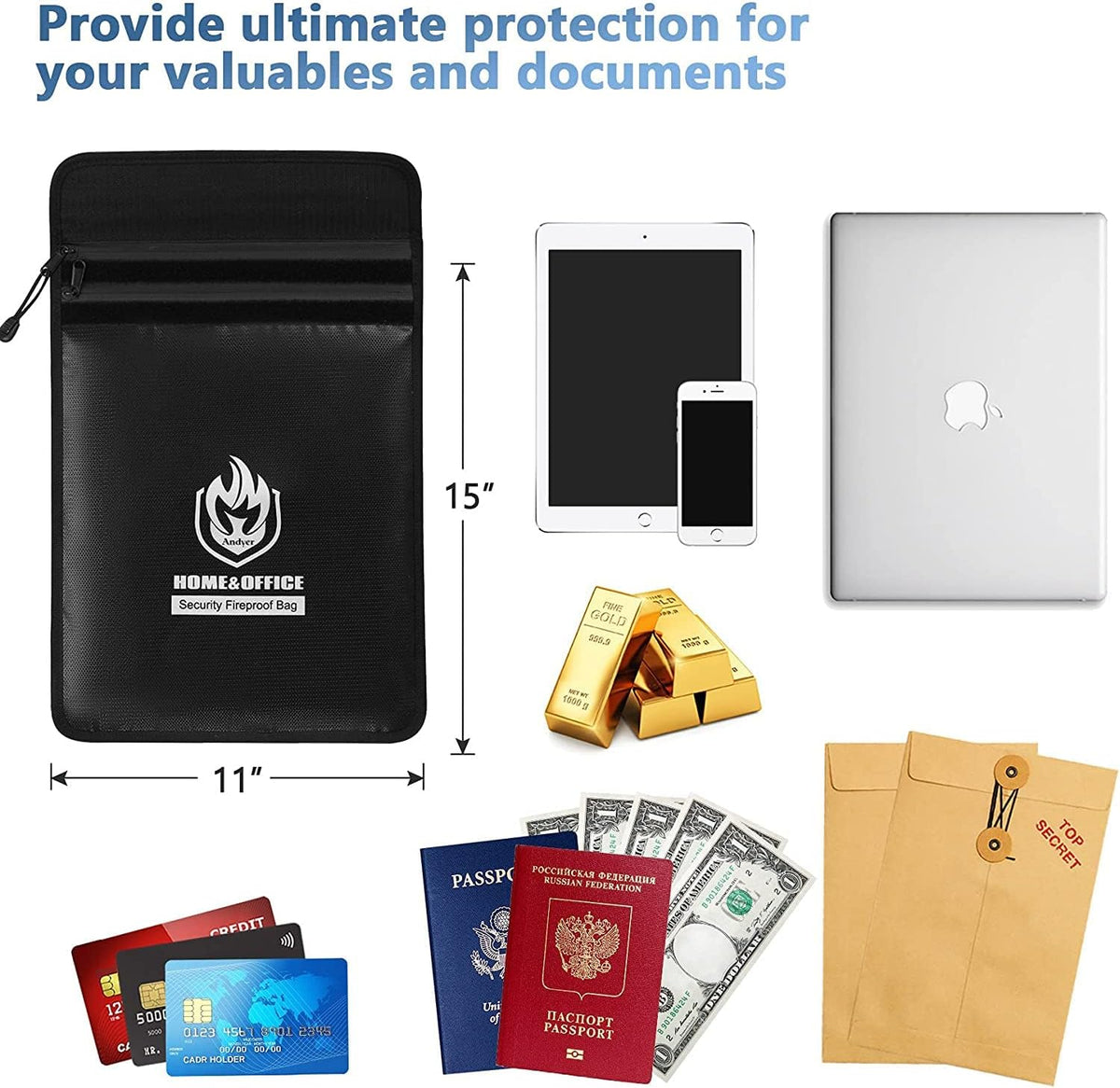 2 Pockets Fireproof Document Bag (15"x11"), Protect Values from Fire