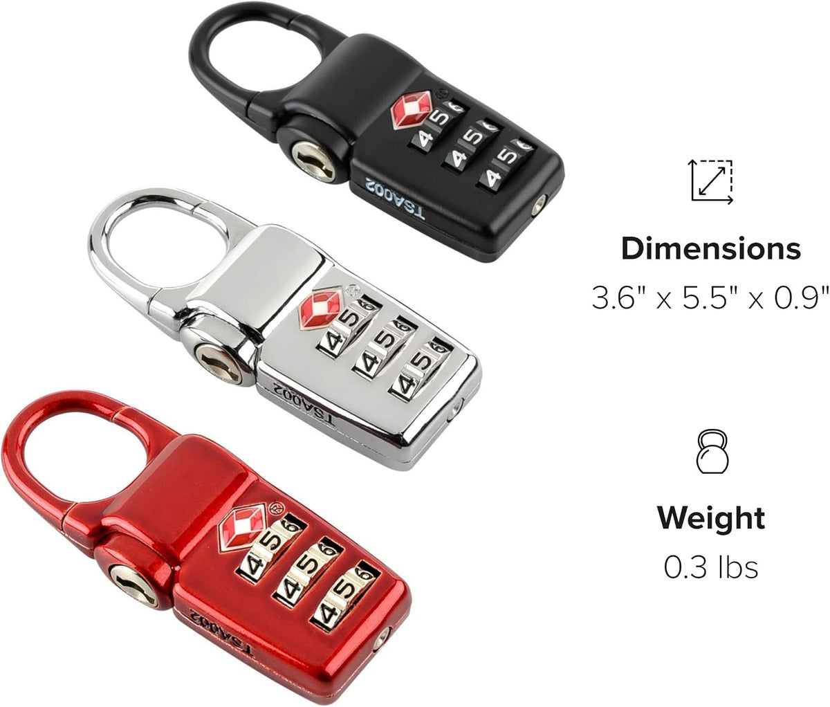 TSA Lock Box - Combination Lock for Luggage & Backpack - TSA-Approved Locks - Travel Security Accessories - Set of 3 - Black/Silver/Red