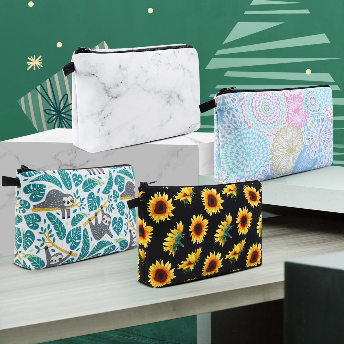 MAGEFY Small Makeup Bag, Portable Travel Cosmetic Bag Zipper Pouch Waterproof Makeup Pouch Multifunctional Small Bag for Women (1 pack, dark blue flower 0179)