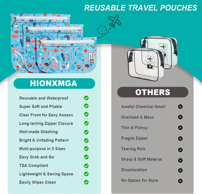 HIONXMGA TSA Approved Toiletry Bag, Set of 3 Clear Travel Toiletry Bag Quart Size Zipper Travel Pouch, Waterproof Makeup Cosmetic Bag for Women Men Kids Toiletries Carry on, Cacti A