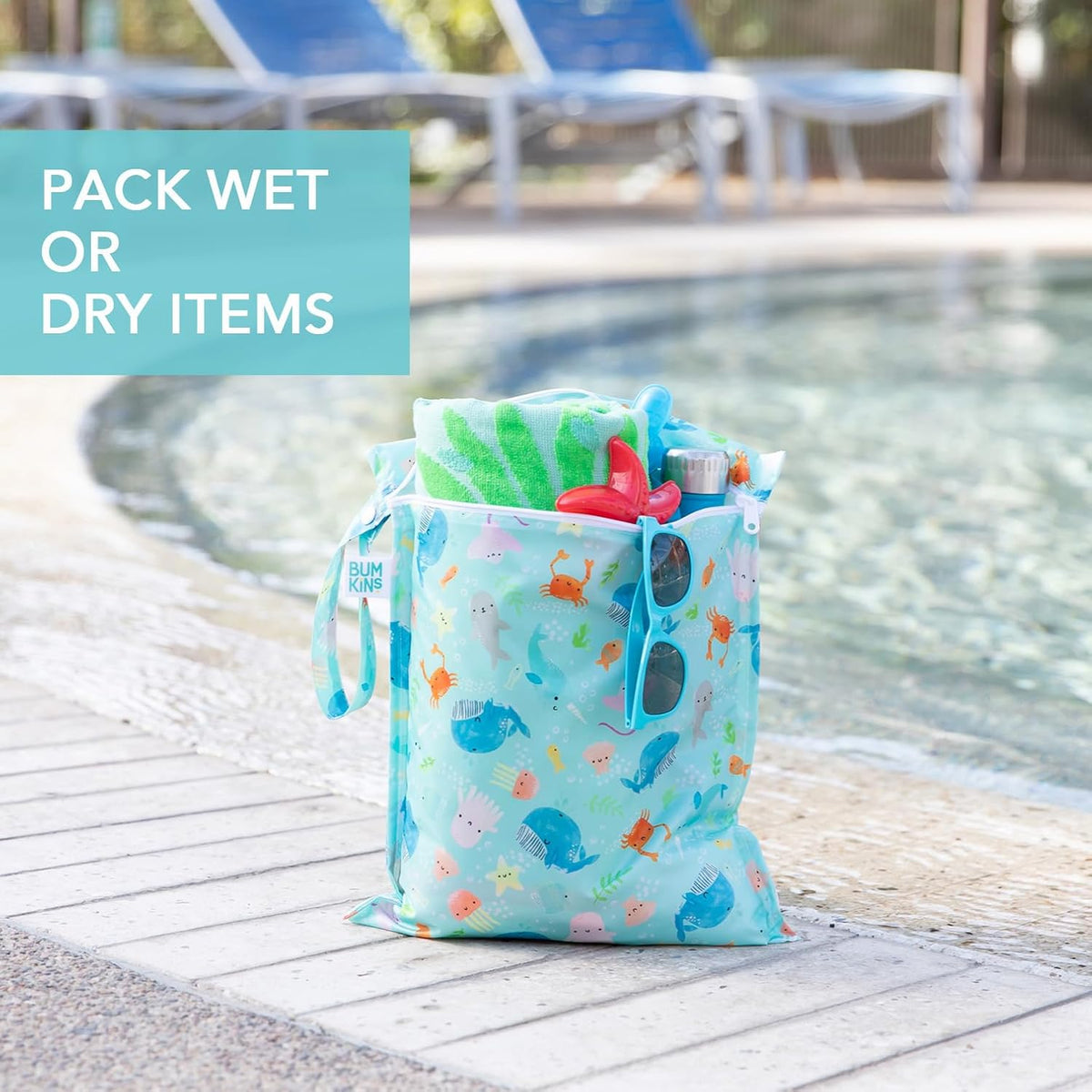 Bumkins Waterproof Wet Bag for Baby, Travel, Swim Suit, Cloth Diapers, Pump Parts, Pool, Beach, Gym Clothes, Toiletry, Hook to Stroller, Daycare, Zipper Reusable Wetdry Packing Pouch, Jungle