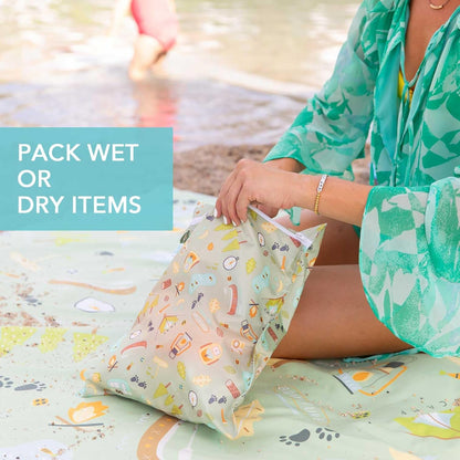 Bumkins Waterproof Wet Bag for Baby, Travel, Swim Suit, Cloth Diapers, Pump Parts, Pool, Beach, Gym Clothes, Toiletry, Hook to Stroller, Daycare, Zipper Reusable Wetdry Packing Pouch, Jungle