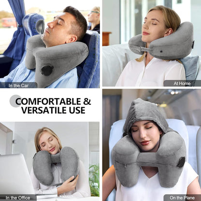 Sunany Travel Neck Pillow for Airplane Pillow Comfortably Supports Head, Neck and Chin, Inflatable Travel Pillow with Soft Velour Cover and Portable Drawstring Bag (Black, H-Shape)