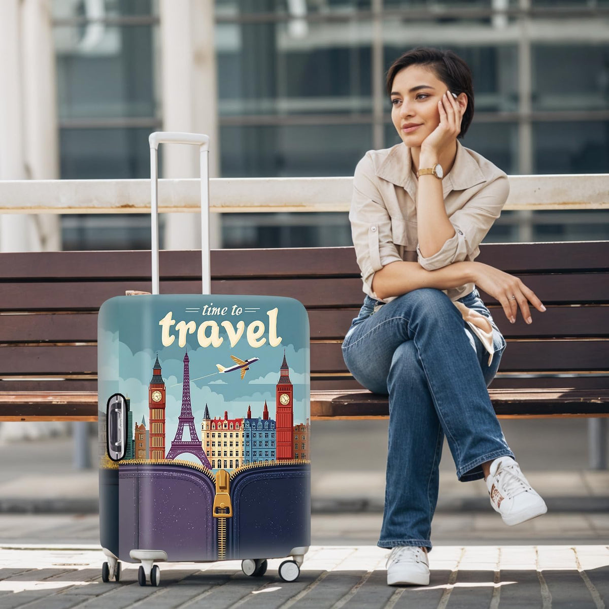 All Over Daisy Print Luggage Cover – Blue Suitcase Protector with White Floral Pattern, Washable Stretch Travel Case for 32-34 Inch Luggage,XL