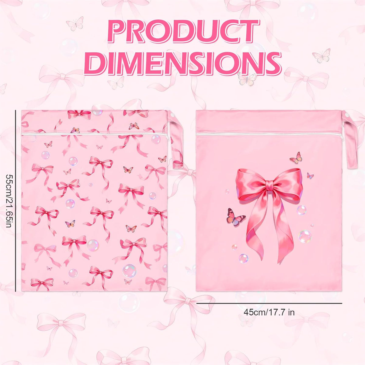 2 Pcs Large Travel Laundry Bags Waterproof Wet Dry Bag, Washable Dirty Clothes Bags for Travel，Drawstring, Bathing Suit, Workout, Gym Clothes Laundry, Swimming Pool & College Dorm, Pink Bow
