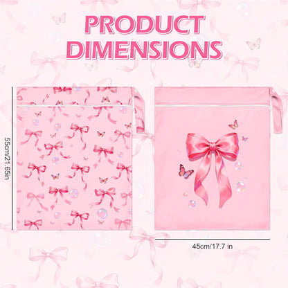 2 Pcs Large Travel Laundry Bags Waterproof Wet Dry Bag, Washable Dirty Clothes Bags for Travel，Drawstring, Bathing Suit, Workout, Gym Clothes Laundry, Swimming Pool & College Dorm, Pink Bow