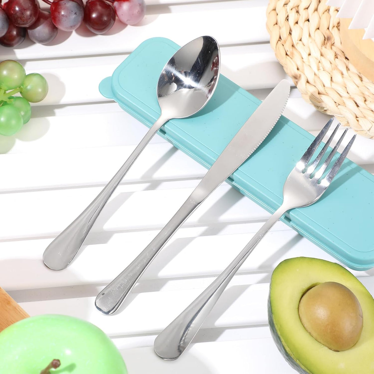 Yinkin 4 Pack Portable Travel Utensils Set with Case Reusable Stainless Steel Silverware Flatware Camping Cutlery Include Fork Spoon Knife for Work School Dishwasher Safe(White, Green, Red, Black)