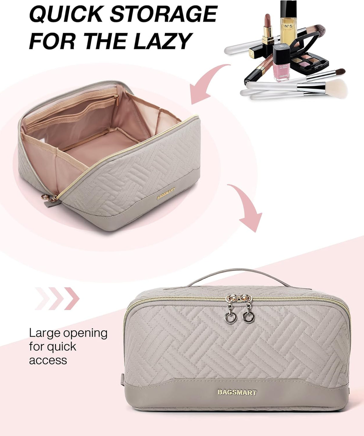 BAGSMART Travel Makeup Bag for Women, Portable Water-resistant Cosmetic Case, Puffy Padded Make Up Organizer Pouch, Open Flat Toiletry Bag for Toiletries, Brushes, Black