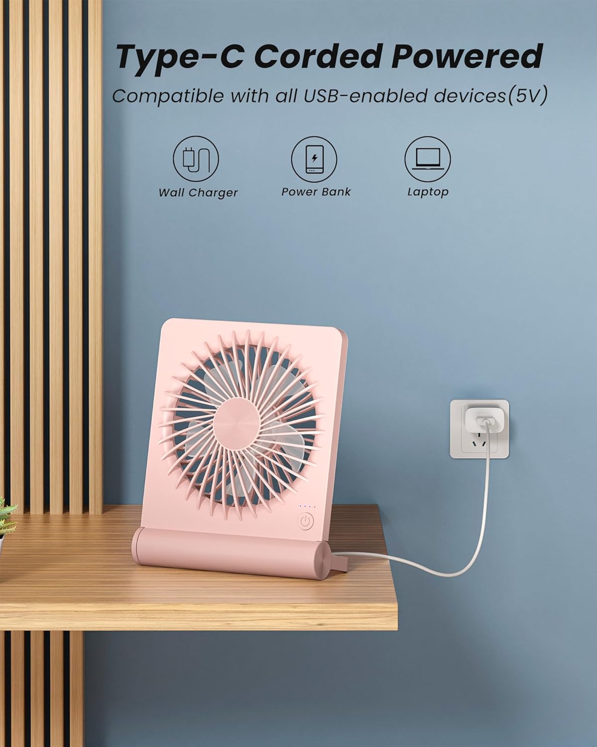 Koonie USB Desk Fan, Strong Wind Ultra Quiet Small Personal Fan with 180° Tilt Folding and 3 Speeds Adjustable, USB-C Corded Powered Mini USB Fan for Office Desktop Bedroom, NO BATTERY