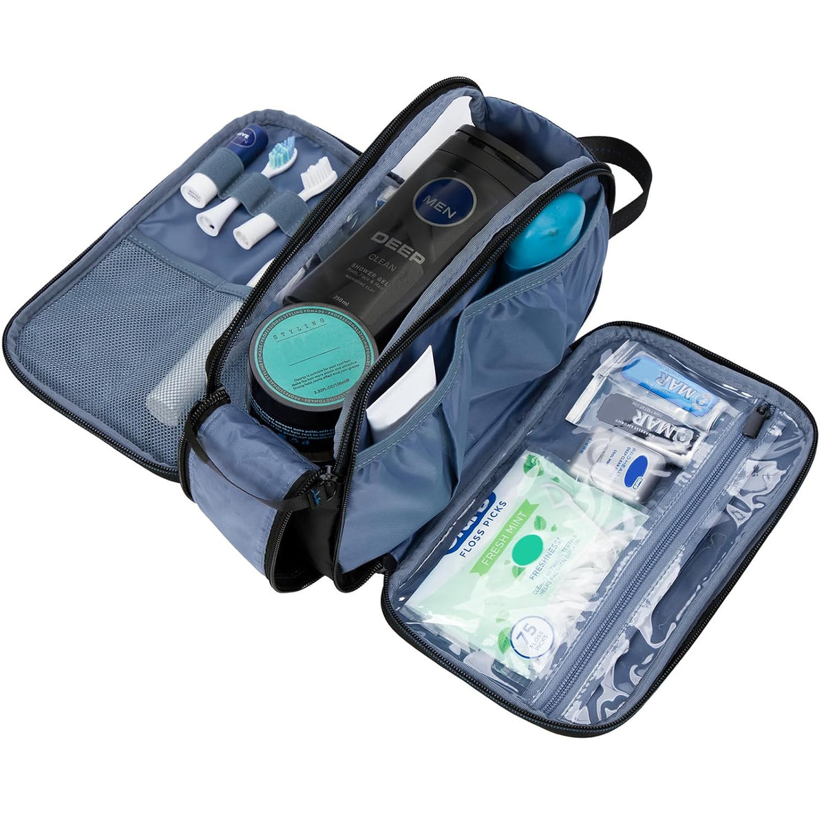 ZEEMO Travel Toiletry Bag for Men, Medium Water-Resistant Double-Sided Full-Open Dopp Kit, Versatile Organizer for Shower and Hygiene Accessories, Bathroom Essentials, Cosmetics, Black