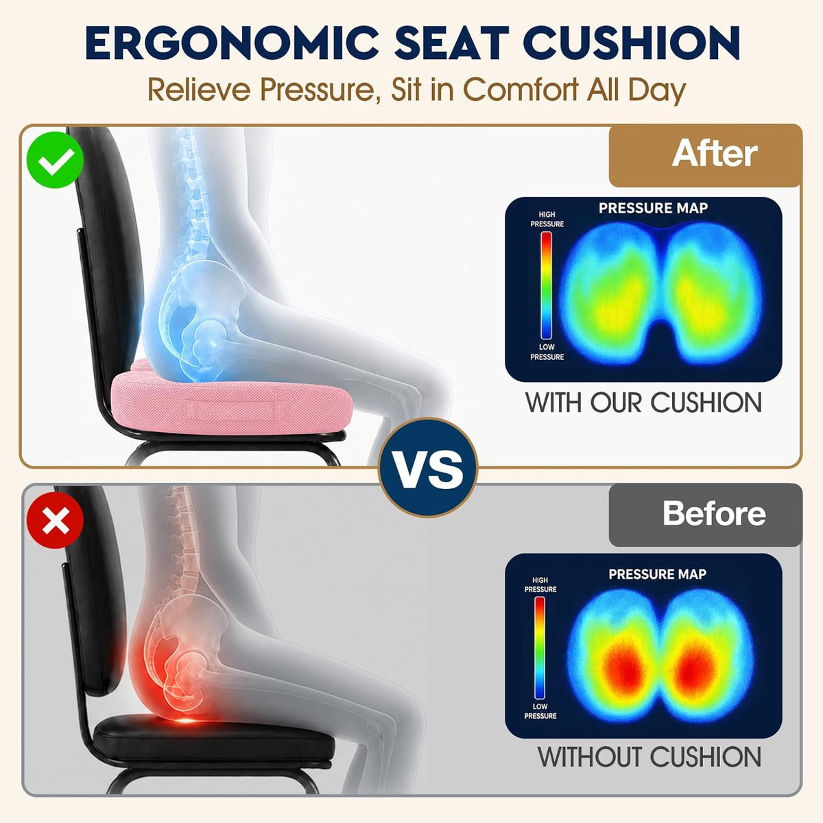 TushGuard Seat Cushion, Memory Foam Office Chair Cushion - Grey, Large