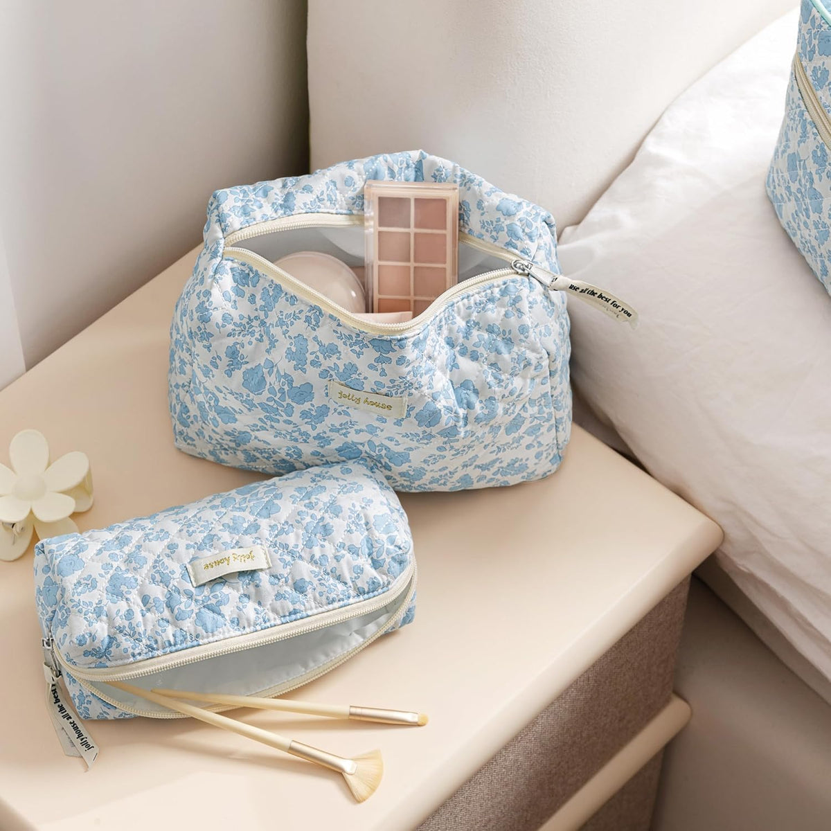 HBselect Quilted Makeup Bag, 3PCS Cotton Large Travel Makeup Bag, Cute Floral Coquette Make up Bag Cosmetic Bag Toiletry Bag for Women Girls - Colors B