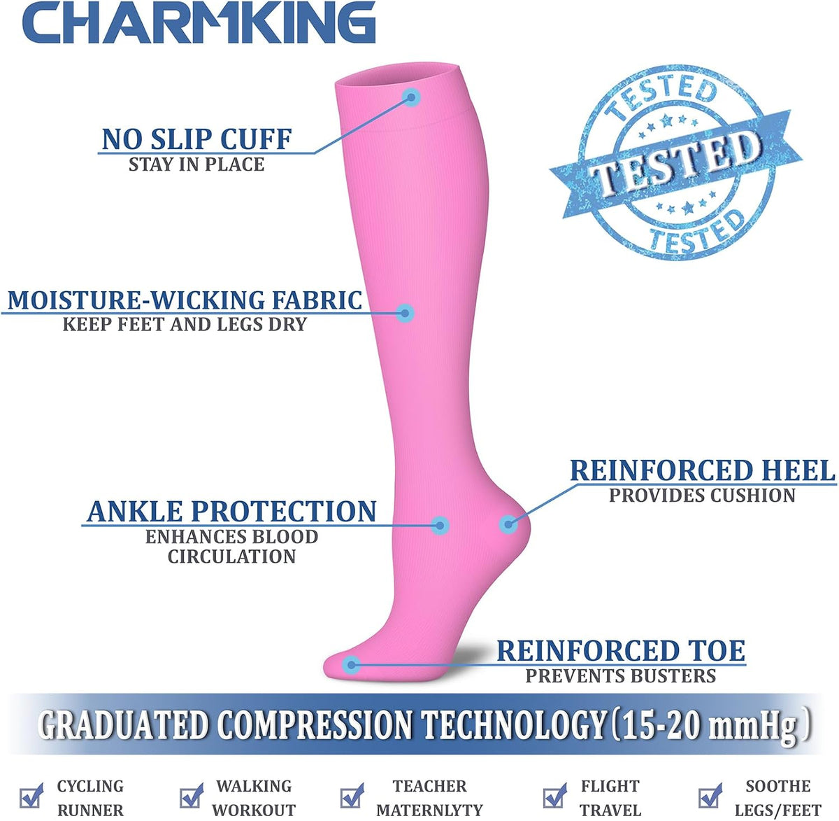 CHARMKING Compression Socks for Women & Men Circulation (8 Pairs) 15-20 mmHg Best Calf Socks Support for Athletic Cycling - Colors B