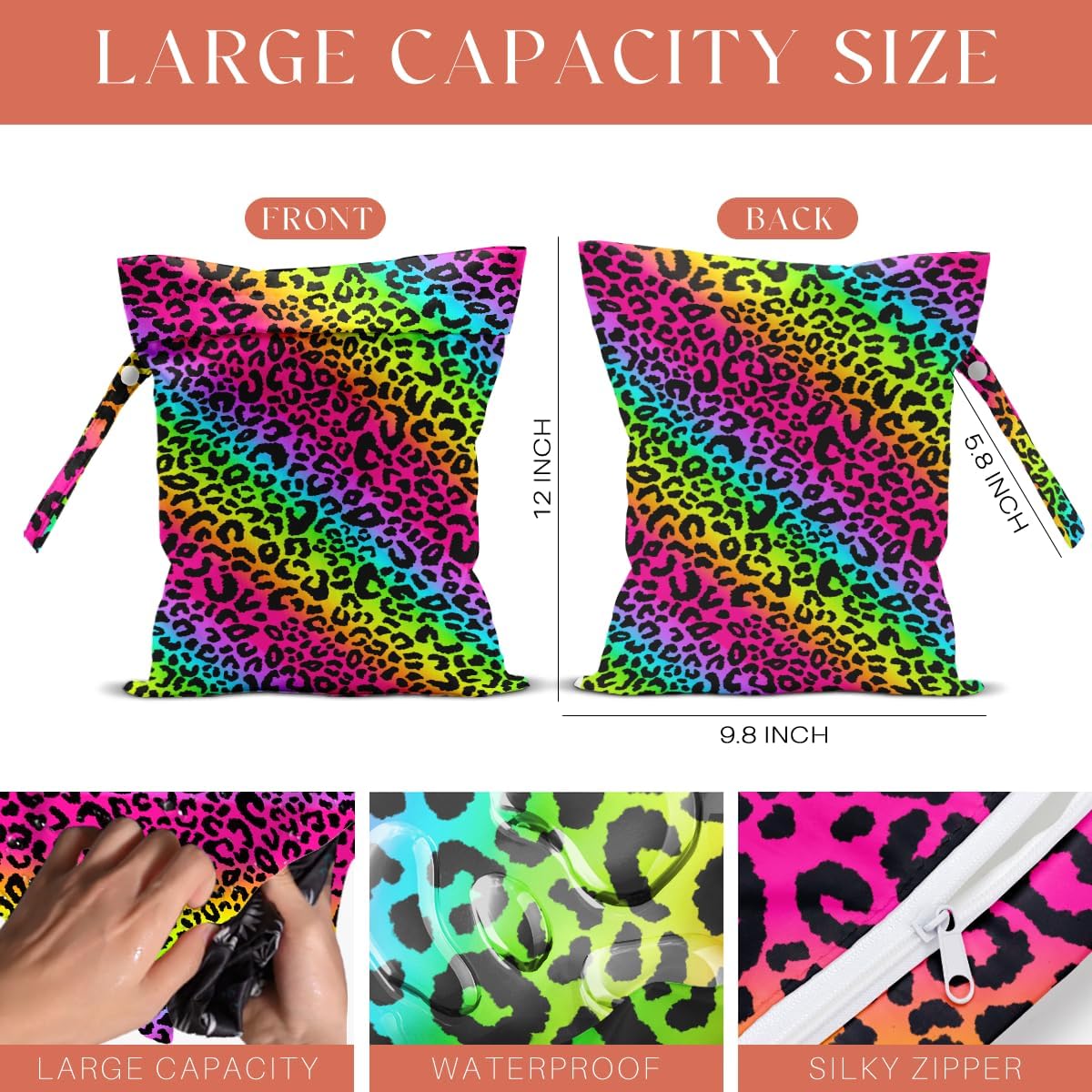 4 Pack Colorful Neon Leopard Print Wet Bag Waterproof Reusable Wet Dry Bag for Swimsuit Dirty Clothes Diaper Travel Pool Beach Yoga Gym Travel Party Birthday Christmas Toiletries Beach Essentials