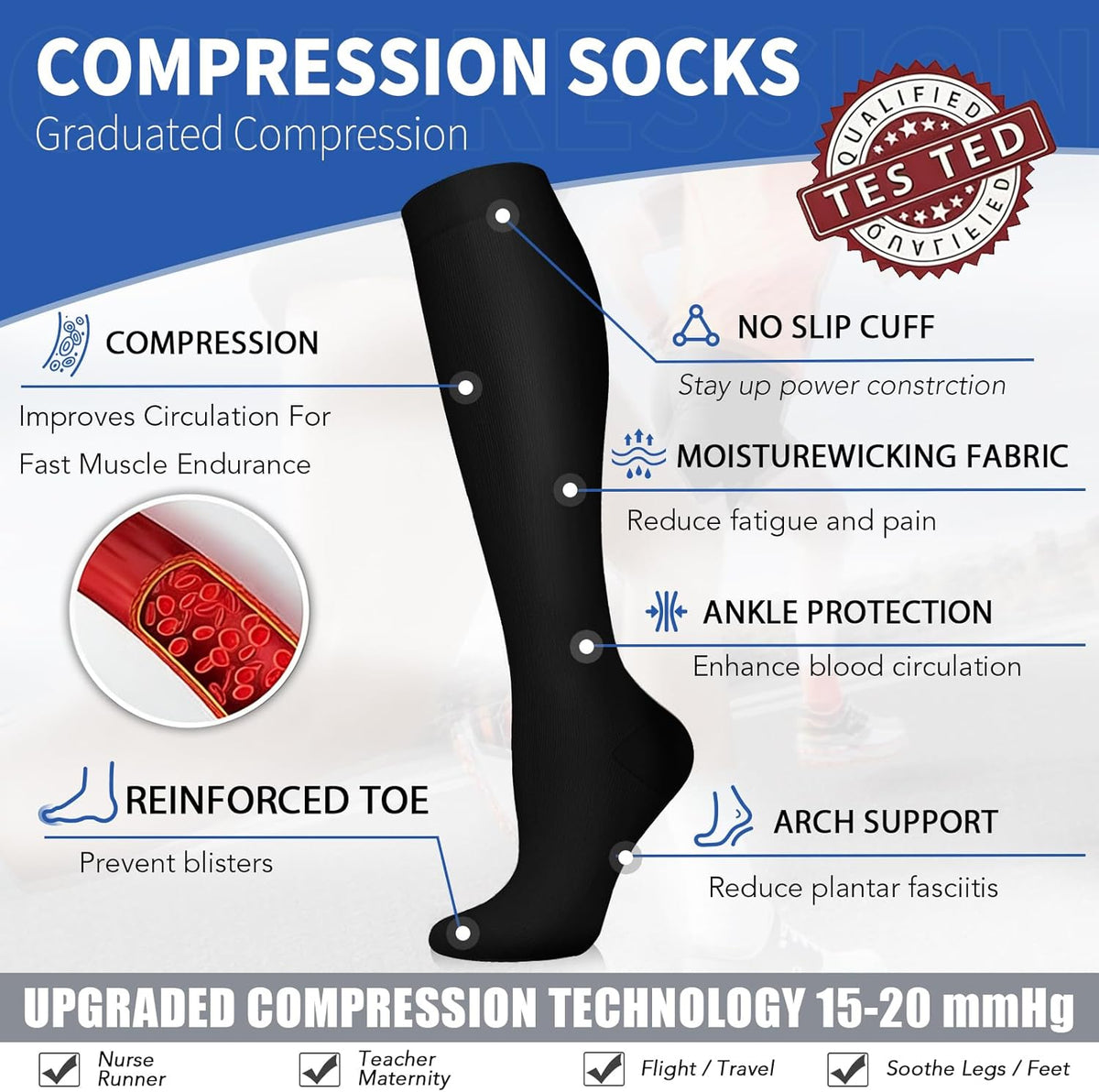 Sooverki Copper Compression Socks for Men & Women 8 Pack 15-20mmHg - Knee High Stockings Best Support for Running Athletic