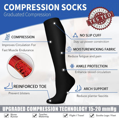 Sooverki Copper Compression Socks for Men & Women 8 Pack 15-20mmHg - Knee High Stockings Best Support for Running Athletic