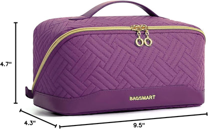 BAGSMART Travel Makeup Bag for Women, Portable Water-resistant Cosmetic Case, Puffy Padded Make Up Organizer Pouch, Open Flat Toiletry Bag for Toiletries, Brushes, Black