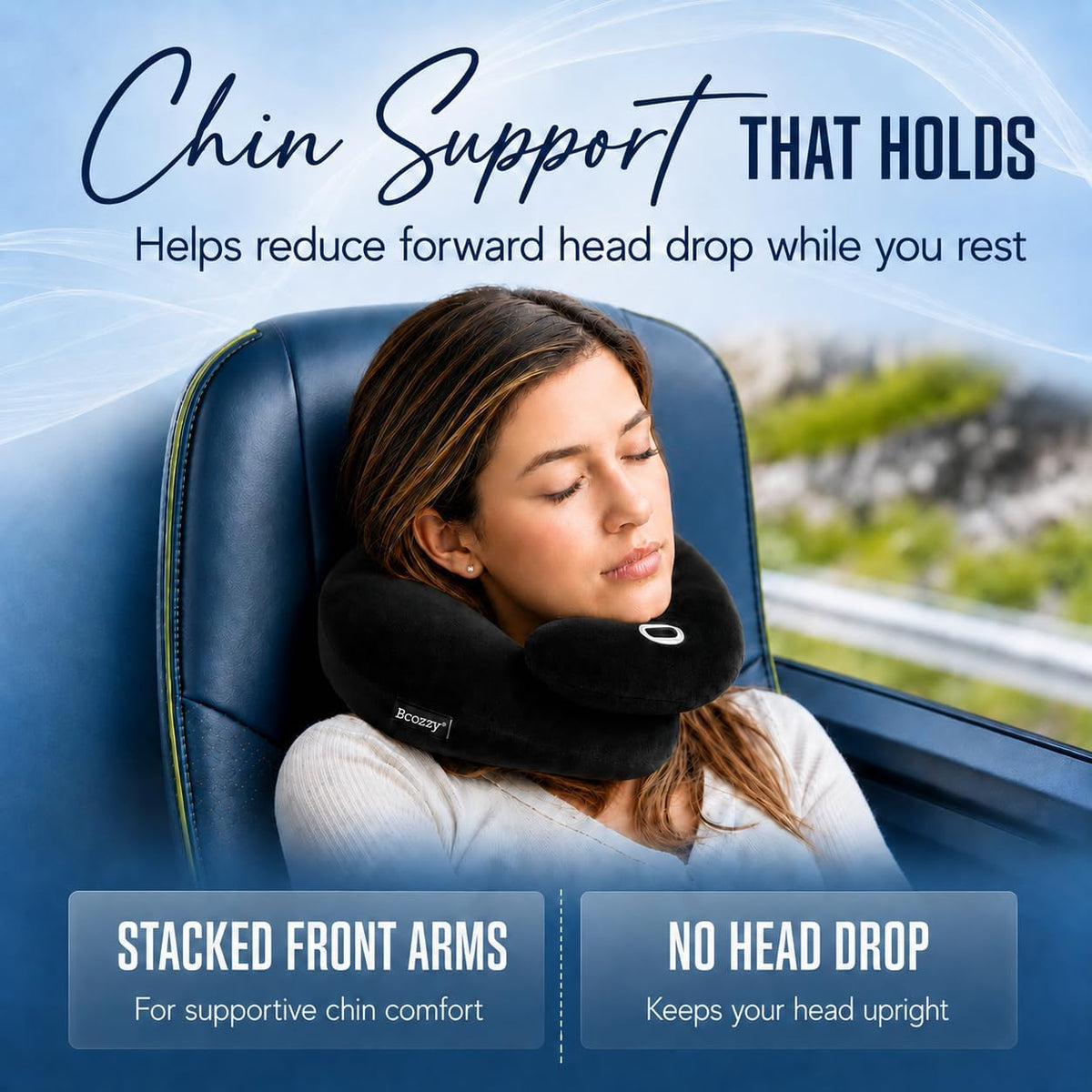 BCOZZY Travel Neck Pillow for Airplane – Patented Double Support for Head, Neck, and Chin. Best for Long Flights, Plane Sleeping, and Car Rides. Adjustable Size. Fully Washable. Carry Bag. Large, Navy